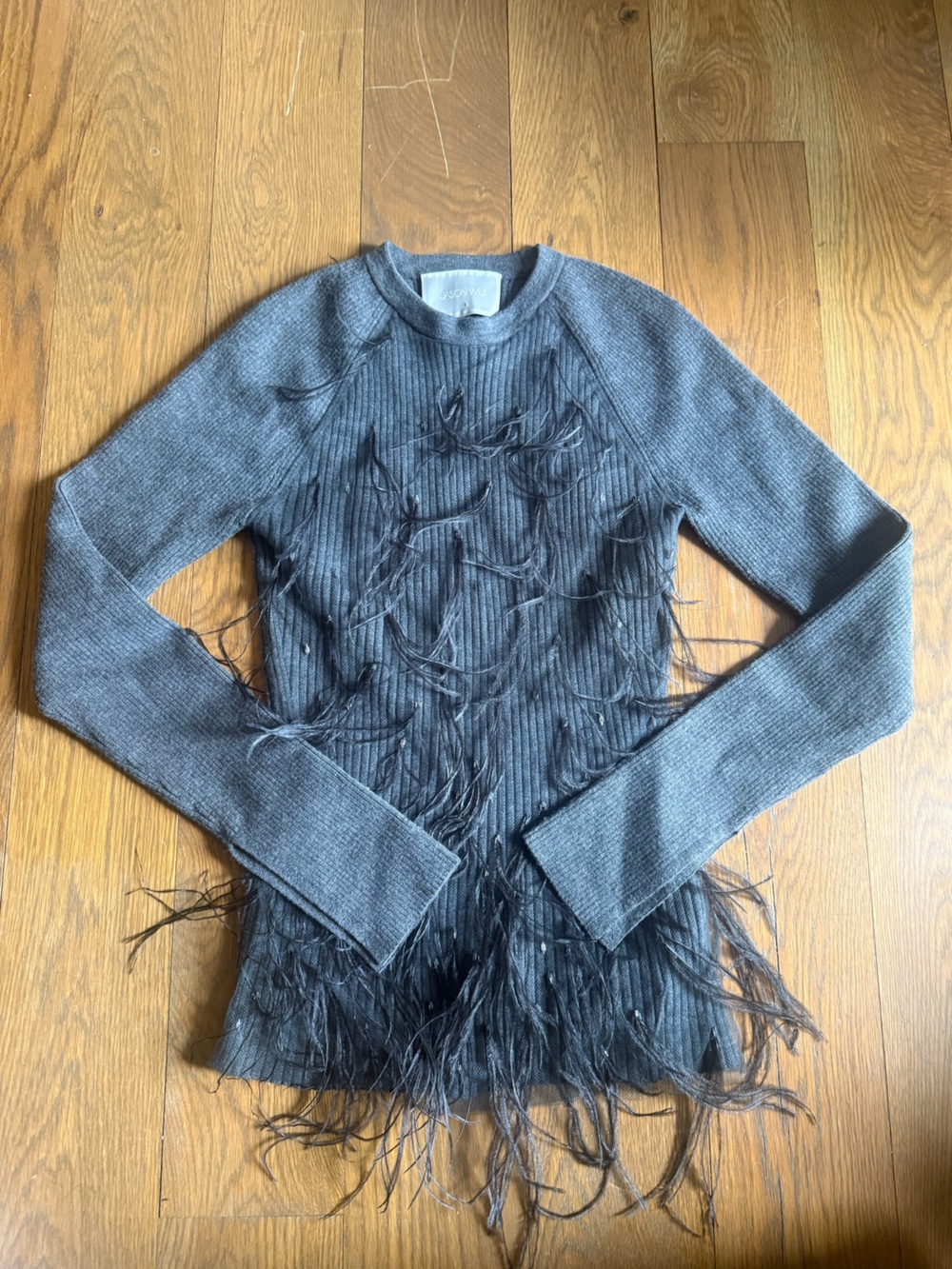 Jason Wu Gray Ribbed Sweater with Feather Trim